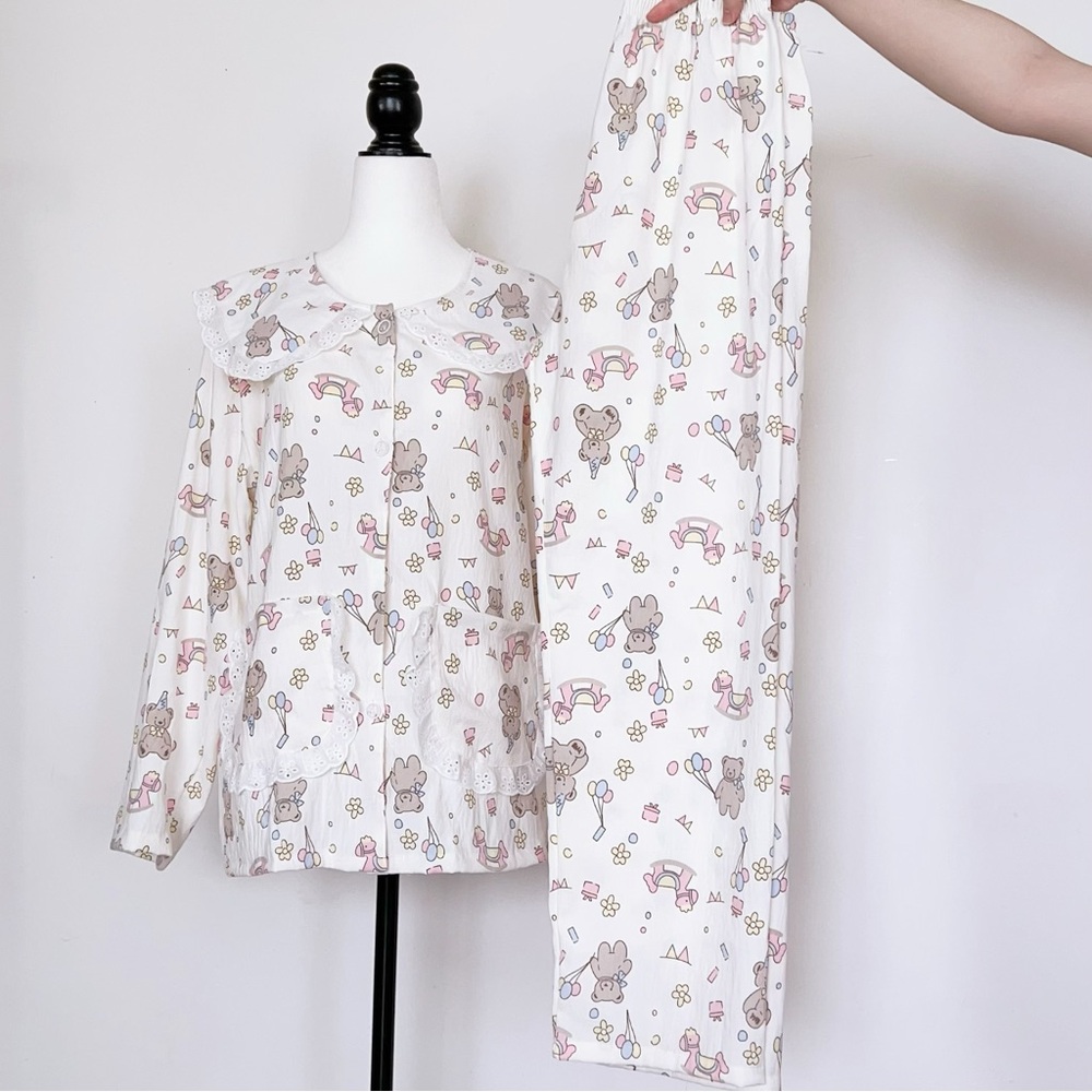 NEW！Kawaii Bear Print Pajama Set with Lace Collar – Soft Cotton Loungewear！